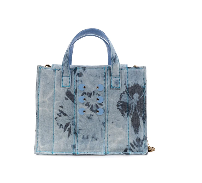 KOORELOO Diana Book Tote in Bleached Denim with Baby-Blue coins-0