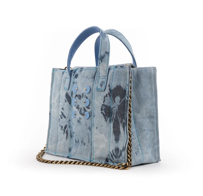 KOORELOO Diana Book Tote in Bleached Denim with Baby-Blue coins-5209