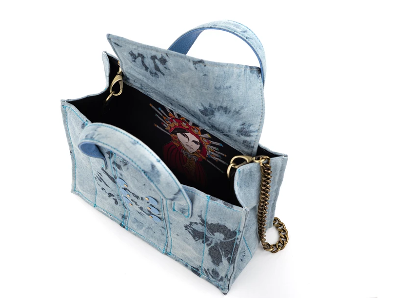KOORELOO Diana Book Tote in Bleached Denim with Baby-Blue coins-5207