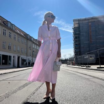 Signé dress light pink with gold buttons