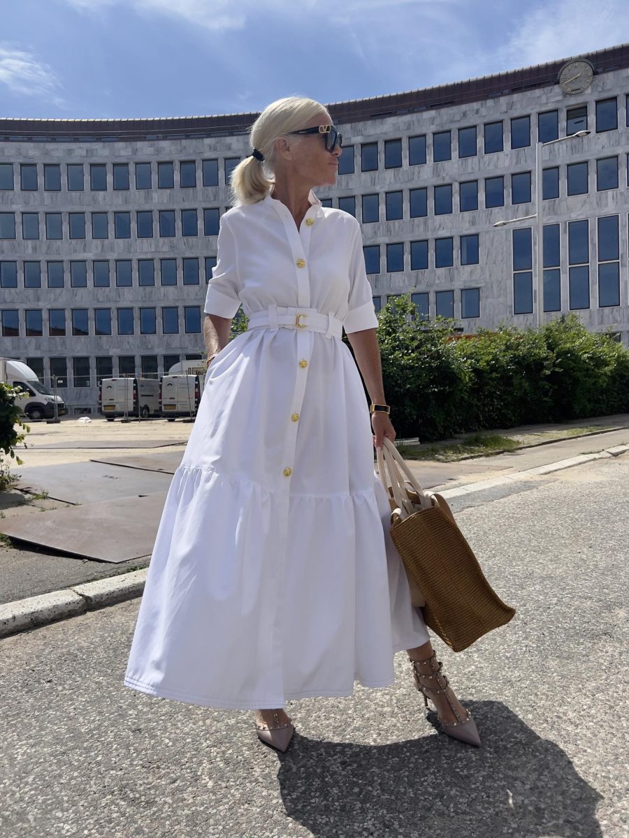 Signé dress white with gold buttons